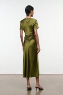 Olive green silk midi dress with short sleeves, draped ruched back view