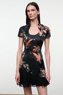 Black silk dress with short sleeves, scoop neck, colorful bird print, layered ruffle hem