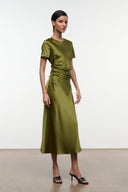 Olive green silk midi dress with gathered waist ruching, short sleeves