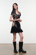 Black silk dress with short sleeves, scoop neck, bird tapestry print, flared ruffle skirt