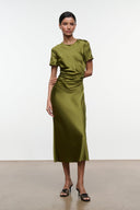 Olive green silk midi dress, short sleeves and draped waist, front view