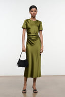 Olive green silk midi dress with short sleeves and ruched drape at the waist