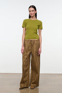 Front view wide-leg striped pants with drawstring waist, vertical brown and teal stripes