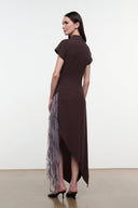 Asymmetrical midi dress in dark brown with high neck, short sleeves, and lilac-toned fringe