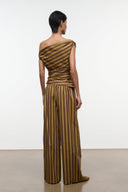 Back view wide-leg striped pants with drawstring waist, vertical brown and teal stripes