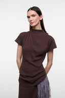Draped high-neck midi dress in dark brown with short sleeves and layered lilac-toned fringe