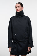 Black high-neck belted jacket with buttoned placket and shoulder epaulets