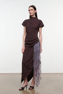 High-neck midi dress in dark brown with short sleeves, draped waist, and asymmetrical fringe panel