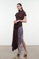 Side-view high-neck midi dress in dark brown with short sleeves and cascading lilac-toned fringe