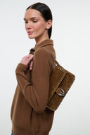 Cigar-brown suede handbag with fringe trim and silver buckle clasp