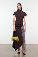 High-neck midi dress in dark brown with short sleeves, draped knot waist, and fringe overlay