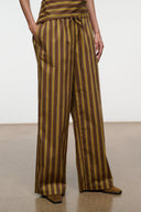 Wide-leg striped pants with drawstring waist and straight cuffs, vertical brown and teal stripes