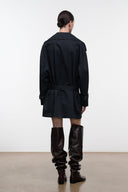 Black belted jacket back view with adjustable back strap and vented shoulders