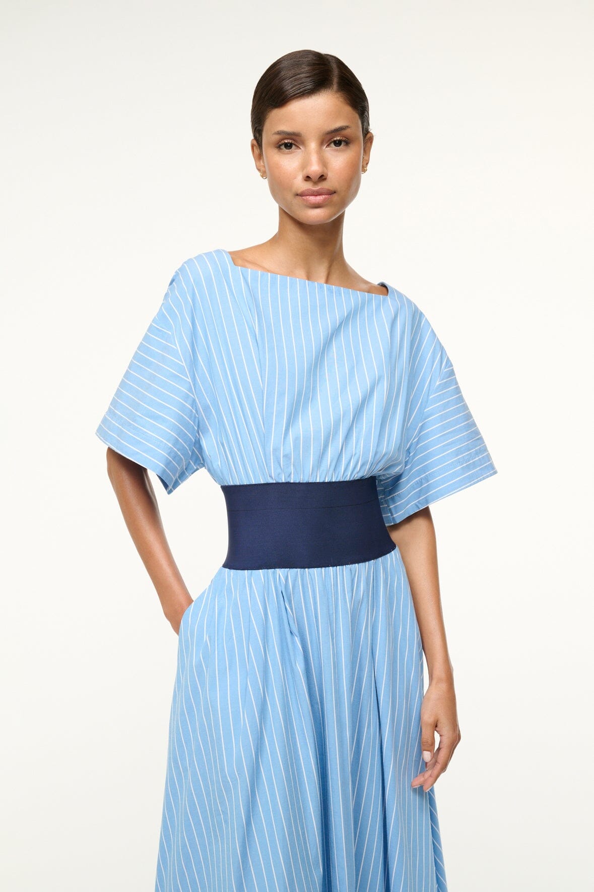 Image AMY DRESS | AZURE PINSTRIPE 3 of 5 and Clicking this image will trigger a zoom pop-up