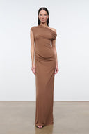 Women's draped one-shoulder maxi dress in warm brown, sleeveless with ruched waist.