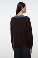 NORMAN dark sweater with teal-blue back neckline trim, ribbed hem and long sleeves