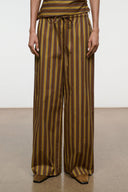 Wide-leg striped pants with drawstring waist, vertical brown and teal stripes