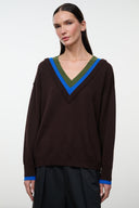 NORMAN dark sweater with V-neck, teal-blue trim, ribbed cuffs and hem
