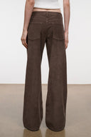 Dark brown relaxed corduroy jeans with high-rise waist, belt loops, front patch pockets