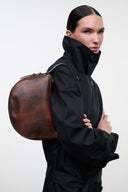 Espresso distressed leather shoulder bag, round flap, zip top