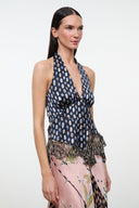 MAEVA silk halter top in navy with multicolor print, keyhole front, fringe hem