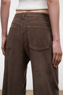 Dark brown corduroy jeans detail: front patch pockets, buttoned fly, stitched waistband