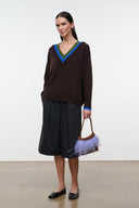NORMAN dark V-neck sweater with teal-blue edging, ribbed cuffs and hem