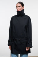 Black high-neck belted jacket with snap buttons and perforated belt detail