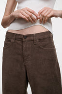 Dark brown corduroy jeans detail: front button and waistband, relaxed wide-leg fit