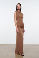 Women's draped one-shoulder maxi dress in warm brown, front view.