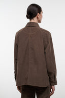 Brown corduroy shirt jacket, back view with collar and button placket