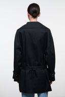 Black belted jacket back view with centered seam and rear vent