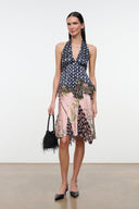 MAEVA silk halter top with navy multicolor print, pink accents, and fringe hem