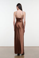 Chocolate-brown satin halter maxi dress, open back with thin beaded straps