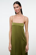 DELFINA silk dress in olive green with spaghetti straps, fitted bodice