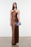 Chocolate-brown satin halter maxi dress with asymmetric neckline and beaded straps