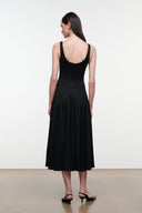 WELLS black jersey dress, sleeveless racerback midi with scoop back