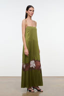 Olive green spaghetti-strap silk dress with brown and white lace hem panel
