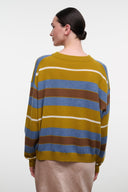 Back view of cashmere sweater with yellow and blue horizontal stripes, ribbed neckline