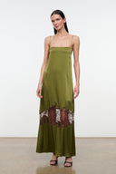 Olive green silk slip dress with lace trim detail along the hem