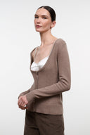 Cigar brown cashmere cardigan sweater, long sleeves, button-up V-neck