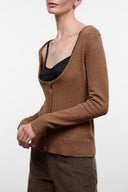 Brown cashmere sweater, scoop neckline, button-front with long sleeves and ribbed cuffs