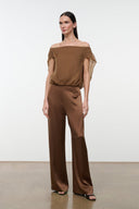 Cigar-brown off-shoulder draped top with gathered waist, short sleeves