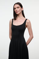 WELLS black jersey dress, sleeveless scoop neck fitted bodice midi skirt