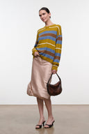 Cashmere sweater with yellow and blue horizontal stripes, ribbed hem and relaxed fit