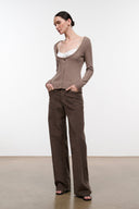 Cigar brown cashmere cardigan sweater with button front and ribbed knit cuffs