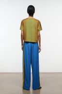 Blue wide-leg pants with yellow side stripe and elastic back waistband