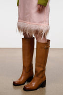 Cashew brown knee-high boots, block heel and side buckle strap