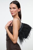Black mini handbag with long fringe trim and thin shoulder strap.