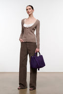 Cigar brown cashmere cardigan sweater with V-neck and button closure, ribbed hem